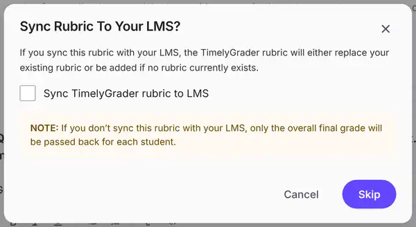 Sync Rubric To Your LMS dialog